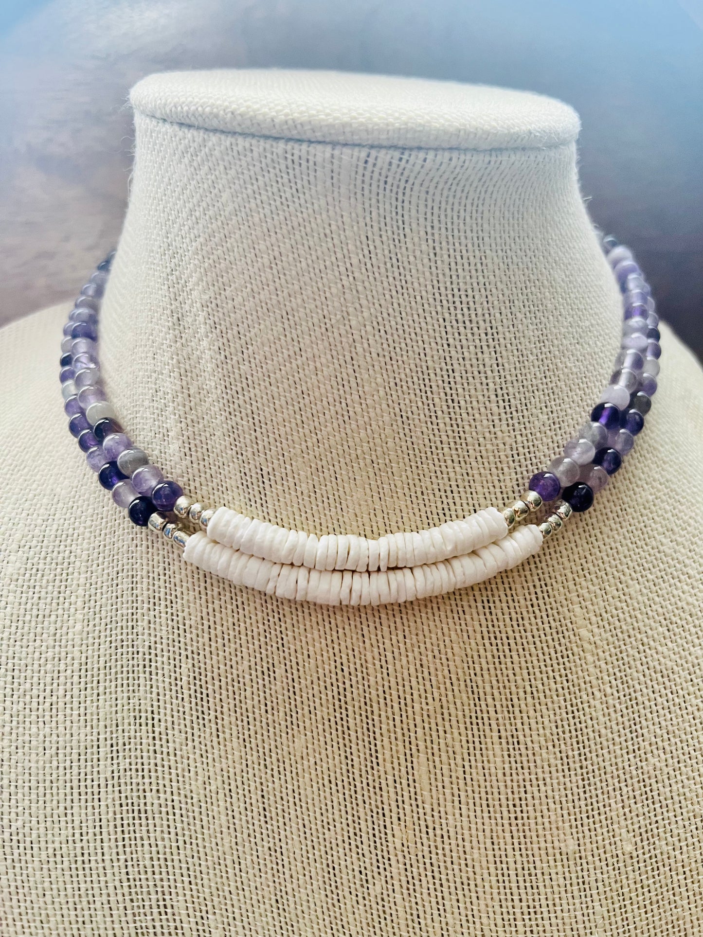 Purple Agate and White Shell Necklace