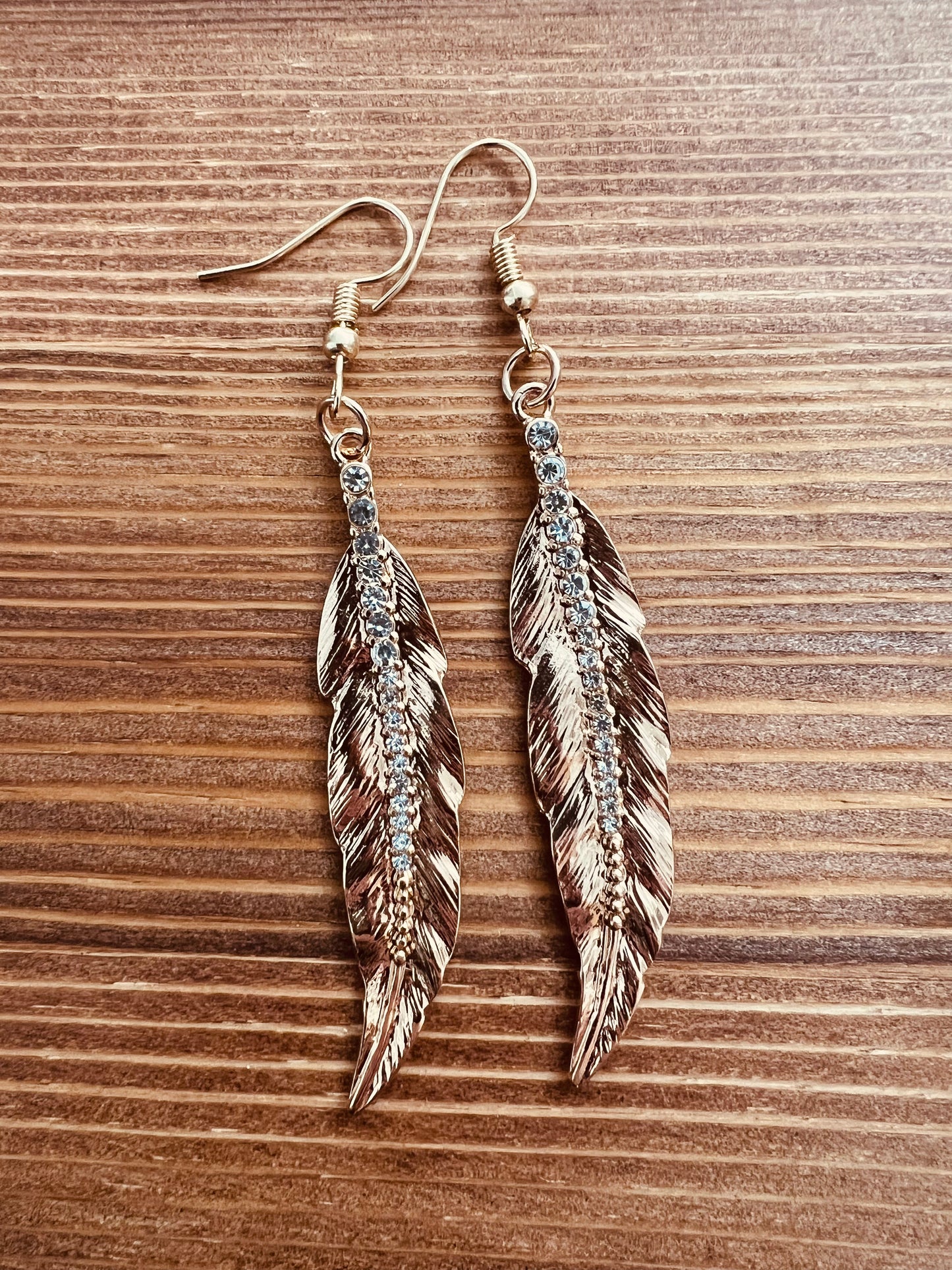 Gold Rhinestone Feather Earrings