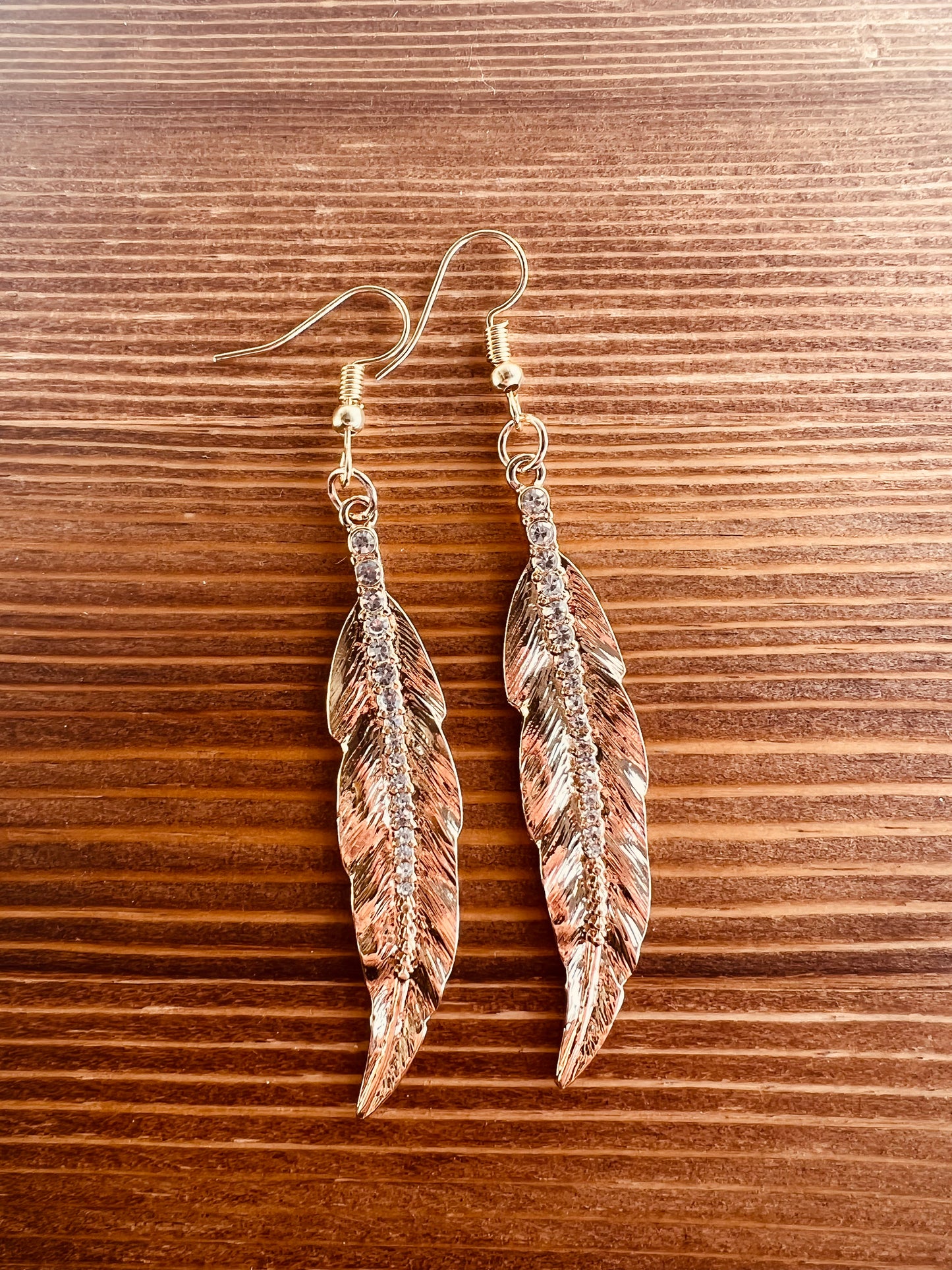 Gold Rhinestone Feather Earrings